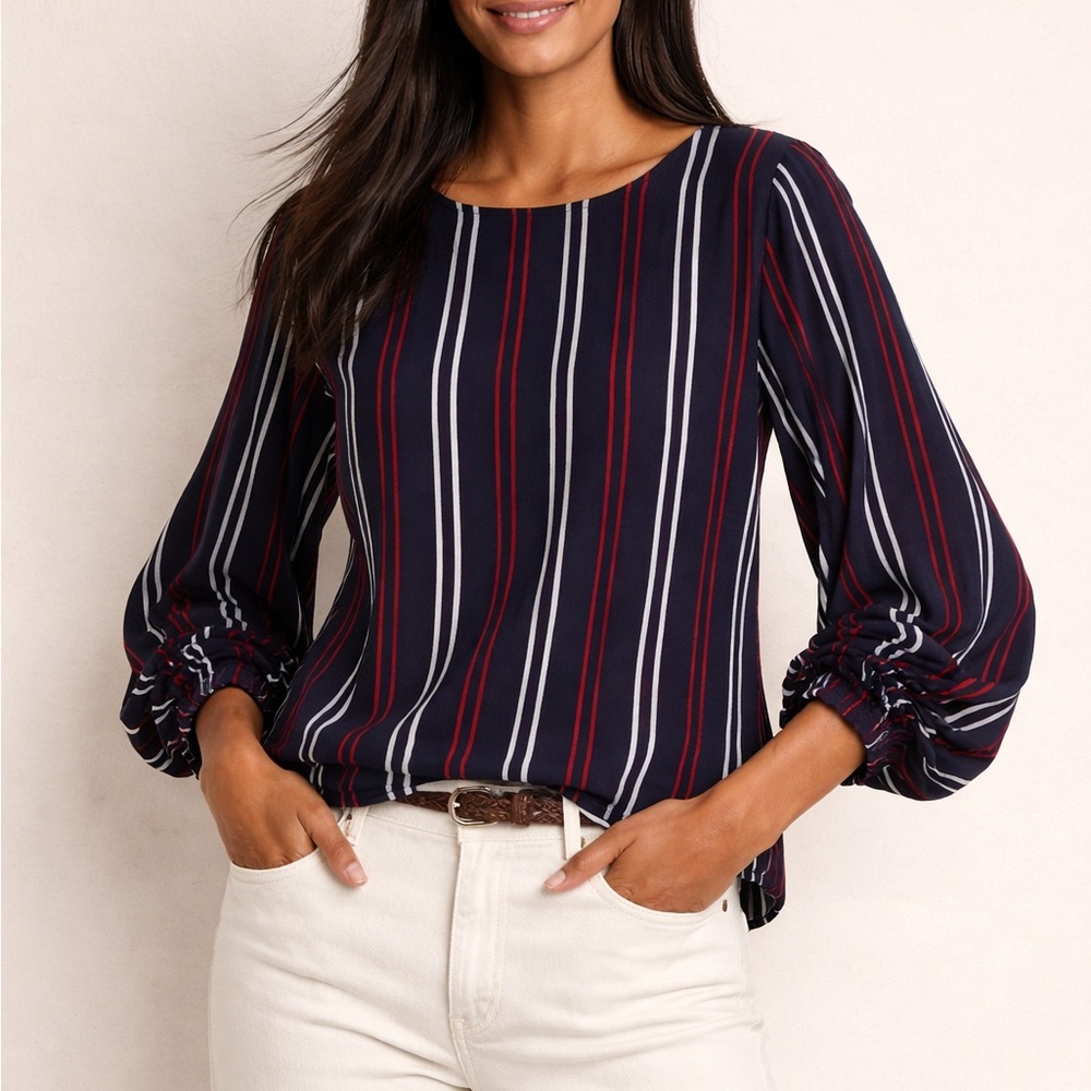 CABI Balloon Sleeve Stripe Blouse Preppy Coastal Minimalist Navy Red